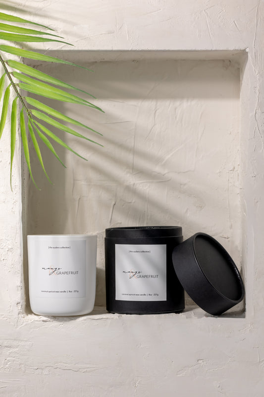 Nontoxic mango and grapefruit candle on neutral ledge with sun shining and casting a shadow over a plant leaf. White matte jar with black packaging. 